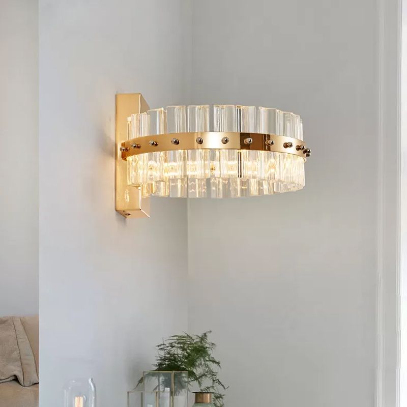 Drum Bedside Wall Sconce Lighting Postmodern Clear Crystal Prism Gold LED Flush Mount Wall Light