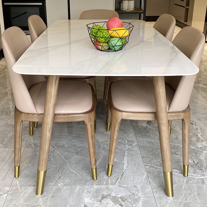 Mesa rectangular contemporánea de madera maciza mesa de comedor de piedra sinterizada con 4 patas