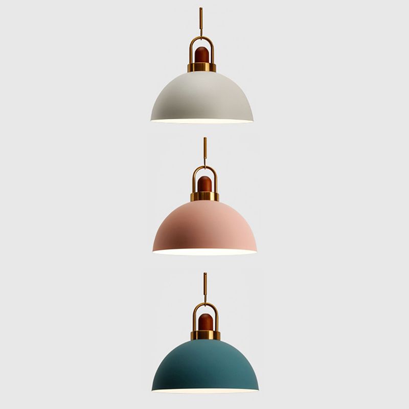 Metal Hemispherical Hanging Light Nordic Style 1 Light Restaurant Ceiling Pendant Lamp with Wooden Top