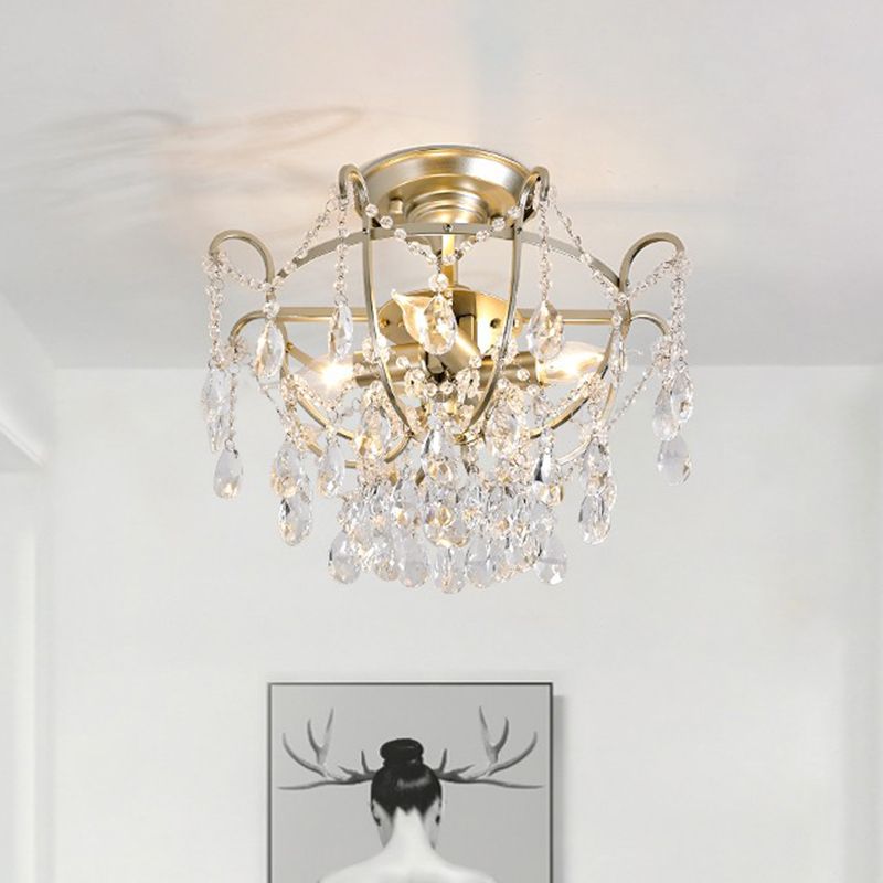 Goldene Schüssel Käfig Deckenleuchte Vintage Kristallstrang 4 Lichter Lounge Semi Flush Mount Light