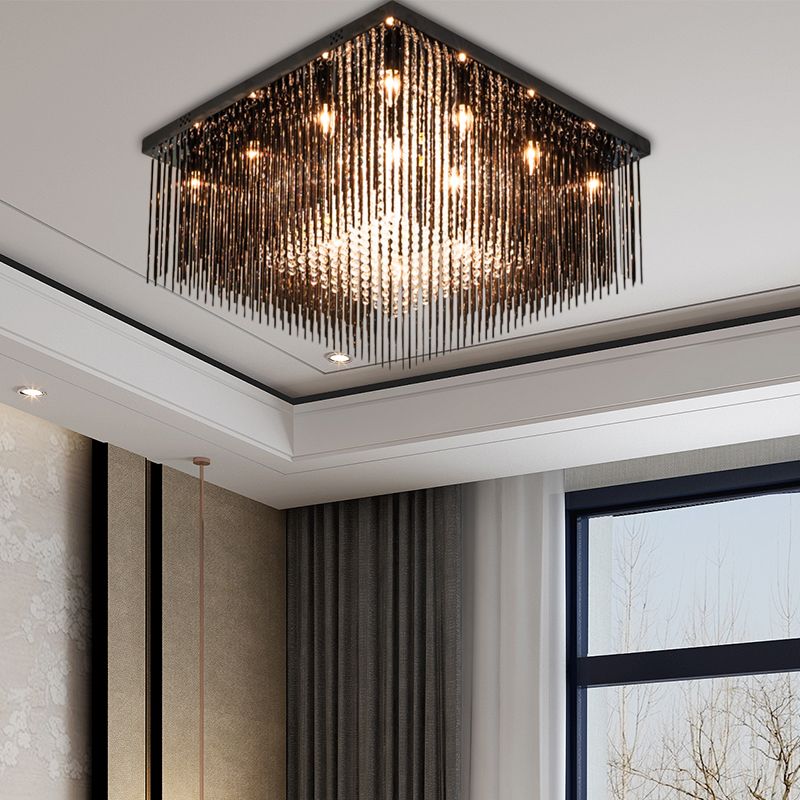 Luz de techo cúbica contemporánea con varilla de cristal y cuentas de cristal, 4/6/9 luces, color negro, 16"/19"/23,5" de ancho