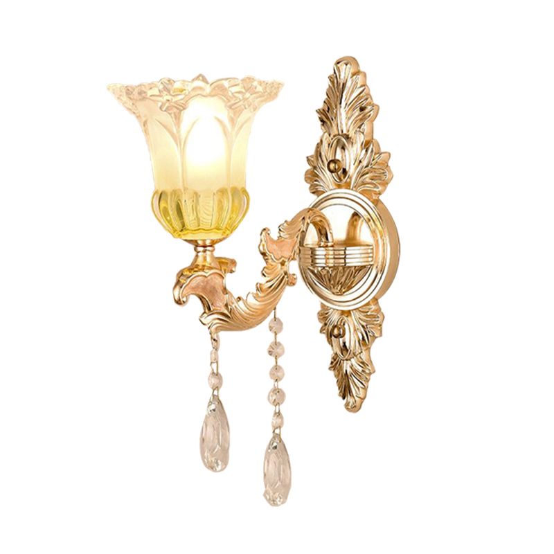 1/2 Heads Frosted Glass Wall Sconce Traditionalist Gold Flower Living Room Wall Mounted Light with Crystal Draping