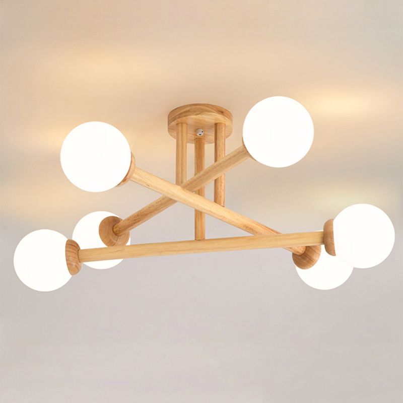 Wood Ball Shape Flush Ceiling Light Modern Multi Lights Flush Light Fixtures in Brown