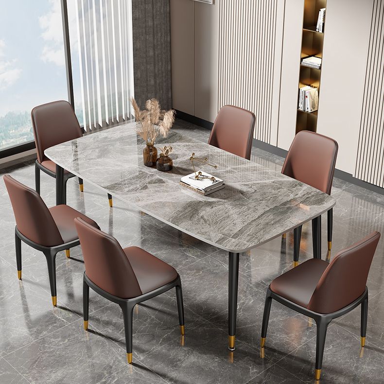 Rectangle Stone Top Dining Table Glam Style Kitchen Dining Table with Black Legs