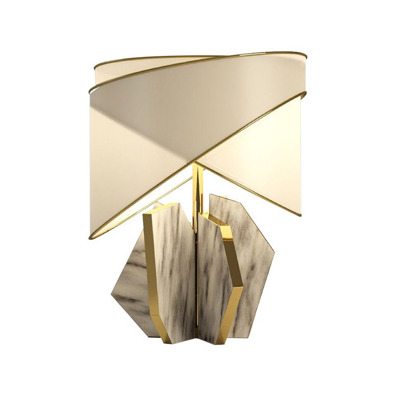 Fabric Shaded Table Lamp Modernist 1 Bulb Gold Desk Light with Gray Geometric Marble Base