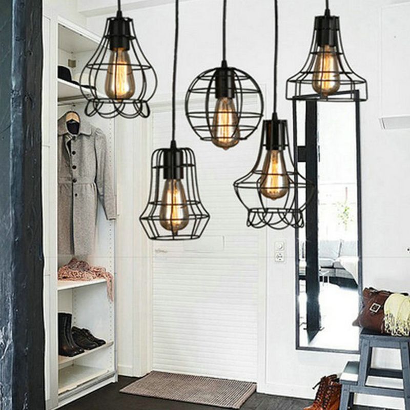 Black Caged Pendant Lighting Industrial Metal 1-Light Restaurant Suspension Light