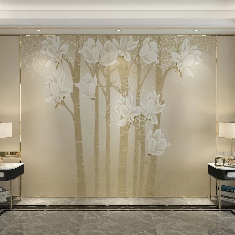 Customized Illustration Minimalist Mural Wallpaper for Living Room with Elegant Magnolia in Beige and Yellow