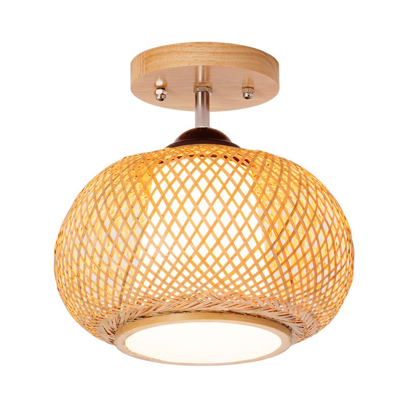 10 "/14" /16 " Lantern Wide Lantern Semi Flush Mount Traditional Bamboo Wood 1 Bulb Flush Mount Ceiling Fixture