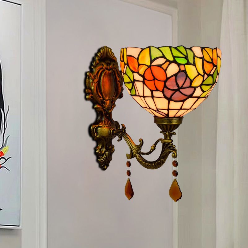 Leaf-Pattern Bowl Stained Glass Wall Lamp Tiffany 1 Head Orange/Purple/Red Wall Mounted Fixture