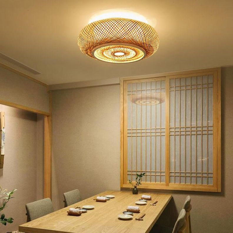 Estilo Asiático Comedor Ratán Techo Ligero Multibulbos Bambú Mano-tejido Iluminación Fijación en Beige