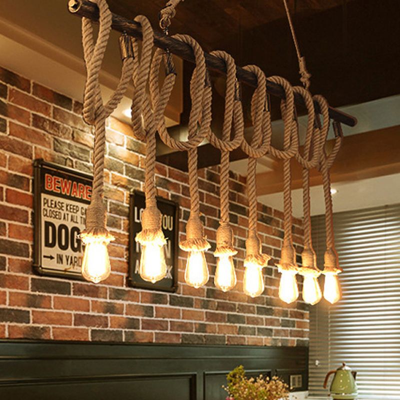 Verstelbaar touw blootgesteld eilandlicht retro industrieel 5/6-licht restaurant eiland plafondlicht in beige/lichtgeel