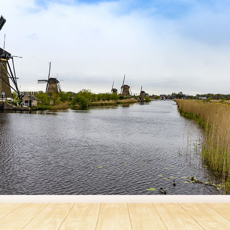 Full Size Photography Modern Mural Wallpaper with Spring Windmill Landscape in Blue