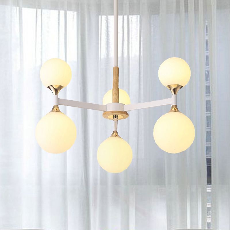 6/12-Light Glass Ball Hanging Chandelier Wood and Metal Body Pendant Lamp for Restaurant