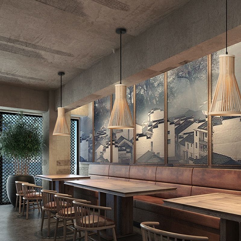 Cone Pendant Light Fixture Modern Bamboo 16"/18"/23.5" H 1 Light Beige/Brown Down Lighting for Dining Room