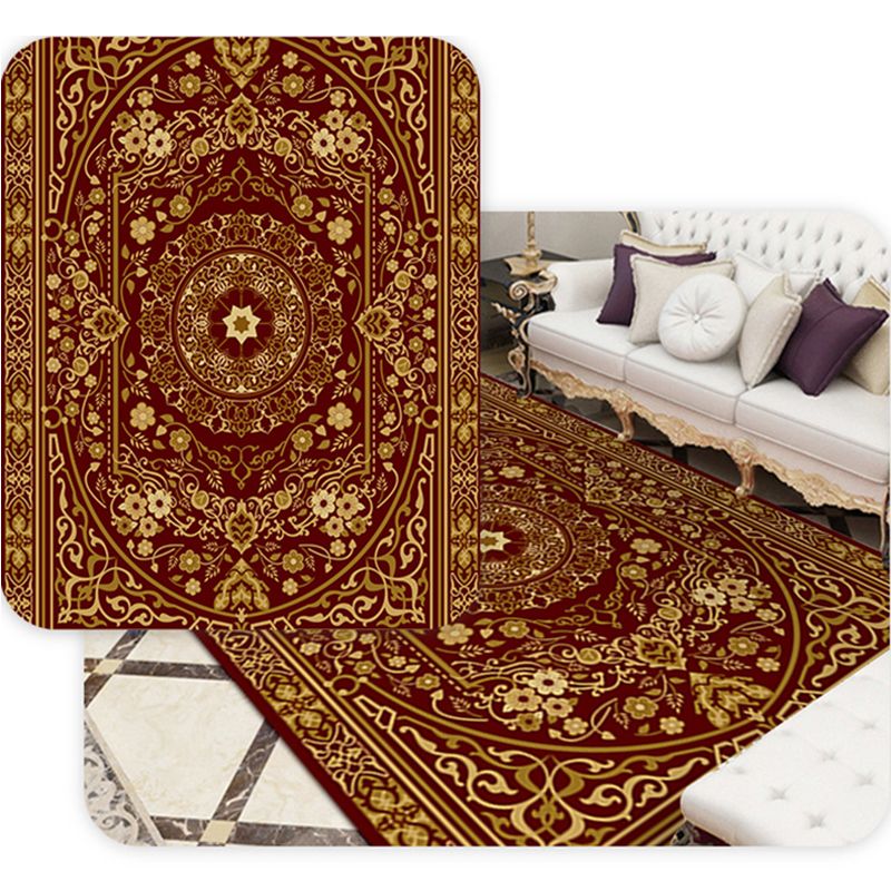 Elegant Red Tone Moroccan Concentric Circles Rug Polyester Traditional Carpet Stain Resistant Rug for Living Room