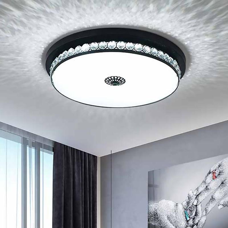 15.5"/19.5" W LED Ceiling Lighting Contemporary Round Clear Hexagon Crystals Flush Mount Lamp in Black