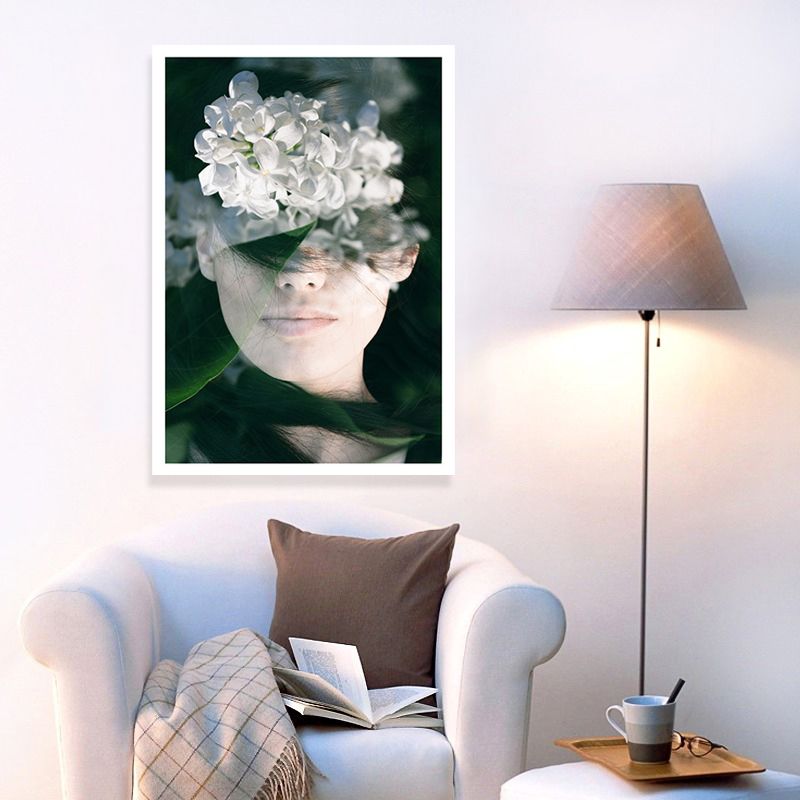 Photography Woman and Flower Canvas Art for Girls Bedroom, White and Green, Textured