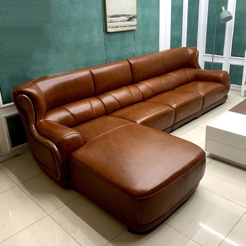 Genuine Leather Round Arm Sectionals Dark Brown 36.61"High Cushion Back Sofa