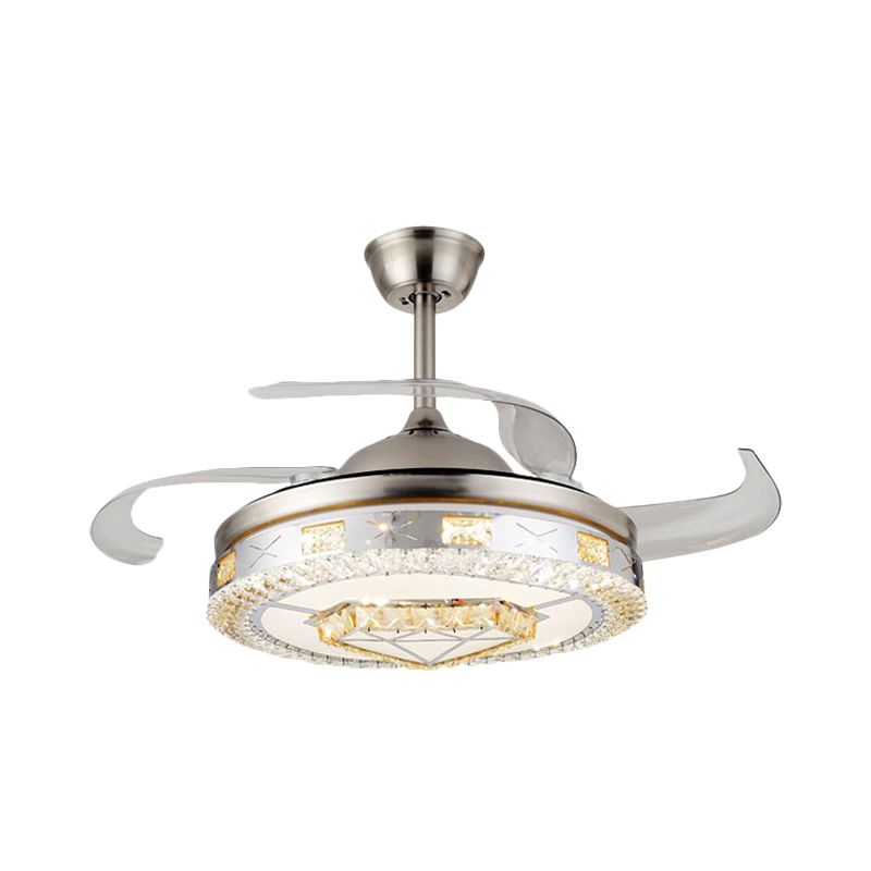 Silver 4 Blades Pendant Fan Lamp Minimalist Crystal Heart/Diamond Semi Mount Lighting, 19.5" Width