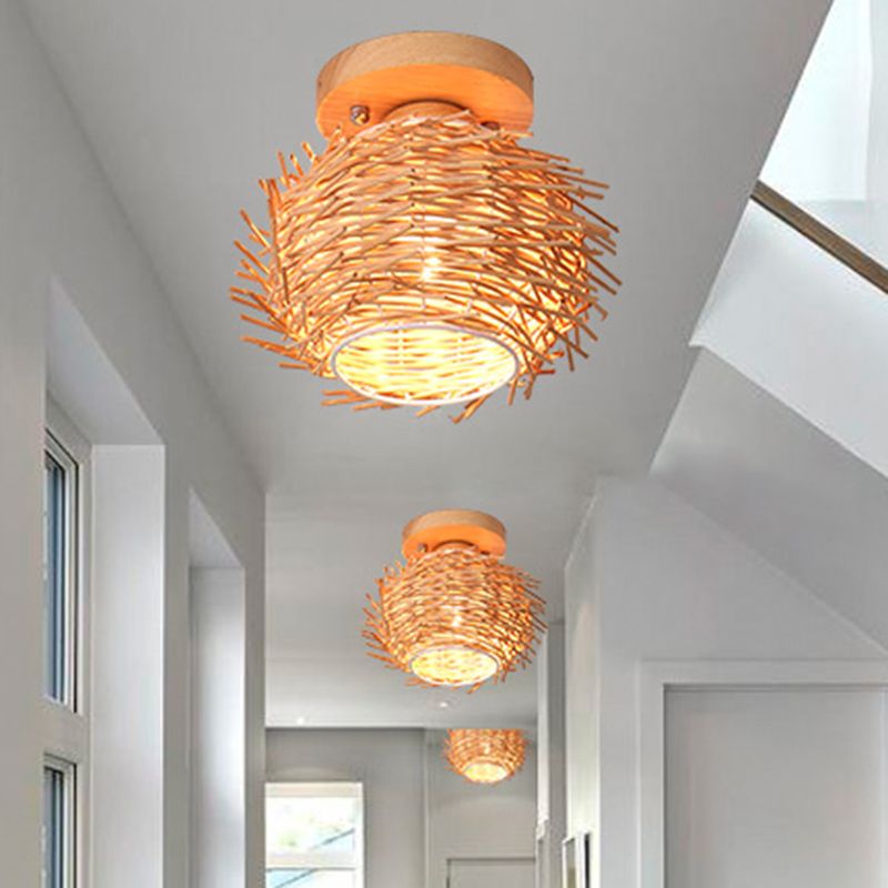 Rustieke Handgemaakte Flush Mount Lamp Bamboe 1 Bulb Plafond Mount Lamp in Hout voor Woonkamer