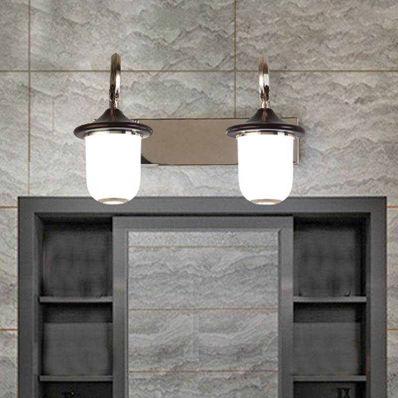 Classic Cylinder Wall Mount Lamp 2/3 Bulbs White Glass Vanity Mirror Light with Scroll Arm in Black