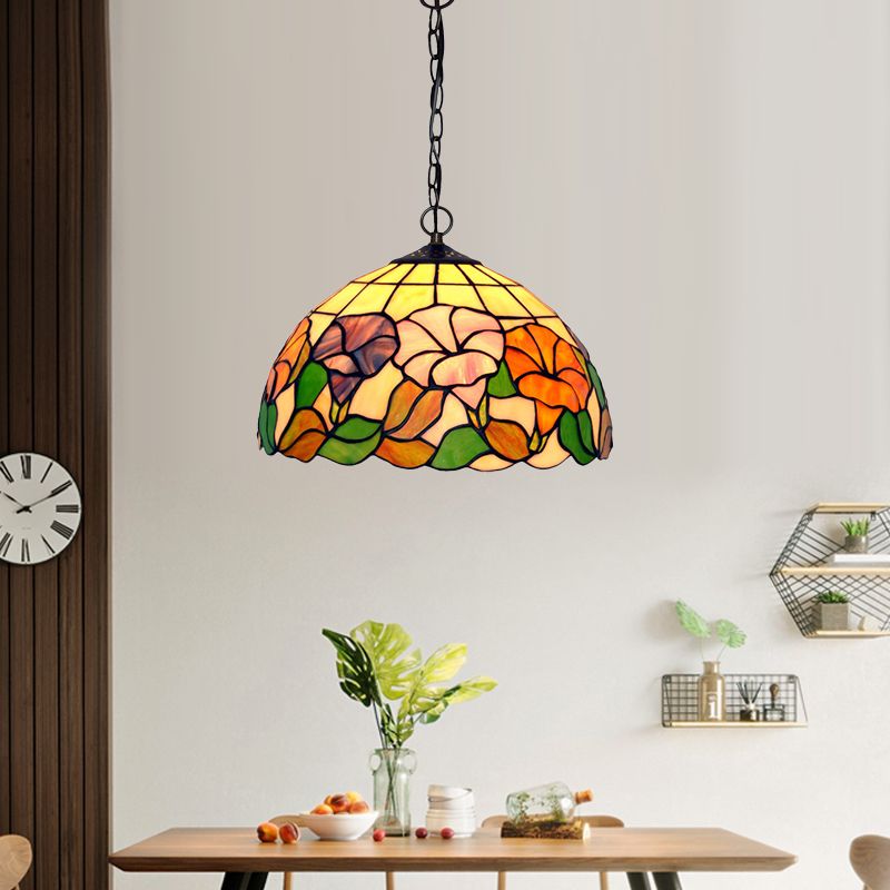 Blossom Pendulum Light 1 Light Red/Pink/Yellow Stained Glass Mediterranean Pendant Lighting Fixture