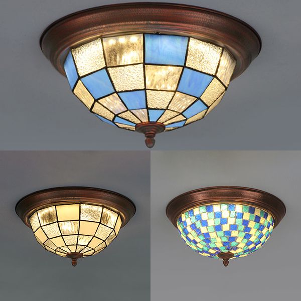 Bowl Shape Ceiling Light Fixture Lodge Stained Glass 1 Bulb Flushmount Ceiling Light in White/Blue/Light Blue/Clear/Blue-White/Dark Blue