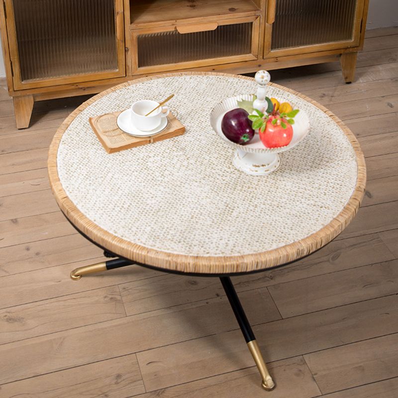 Cross Legs Round Glass Coffee Cocktail Table with Rattan Accent