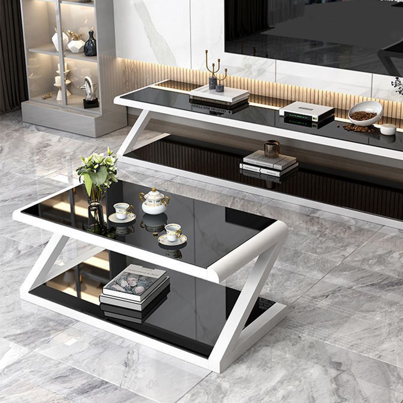 Metal Sled Coffee Table Contemporary Glass Top with Storage Shelf