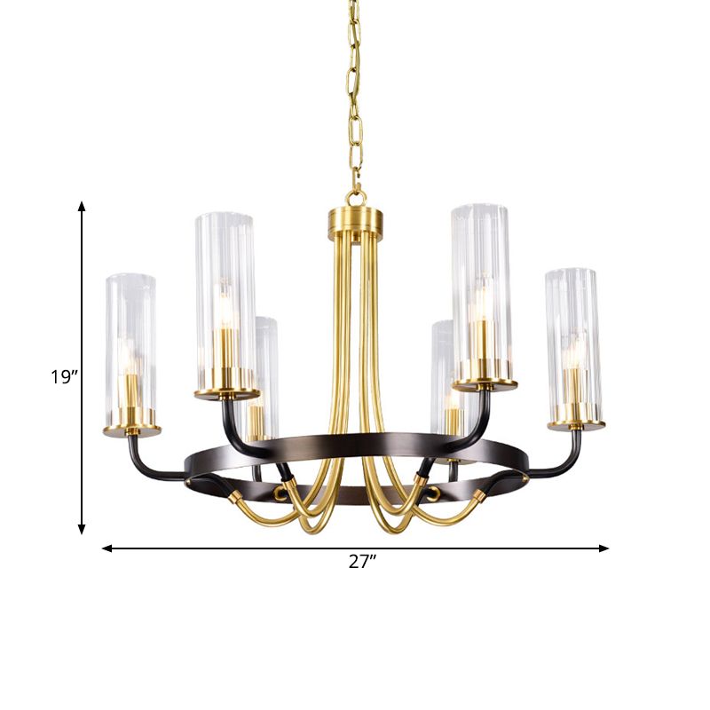 Clear Glass Tubular Ceiling Chandelier Colonial Style 6/8 Heads Bedroom Pendant Lighting Fixture in Black/Gold with Metal Ring Design
