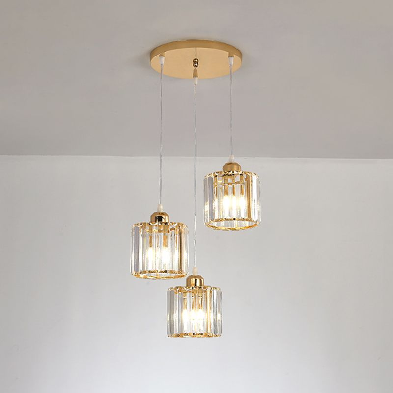 Cube Shaped Multi Ceiling Lamp Simplicity Crystal 3 Bulbs Dining Room Suspension Light Fixture in Gold