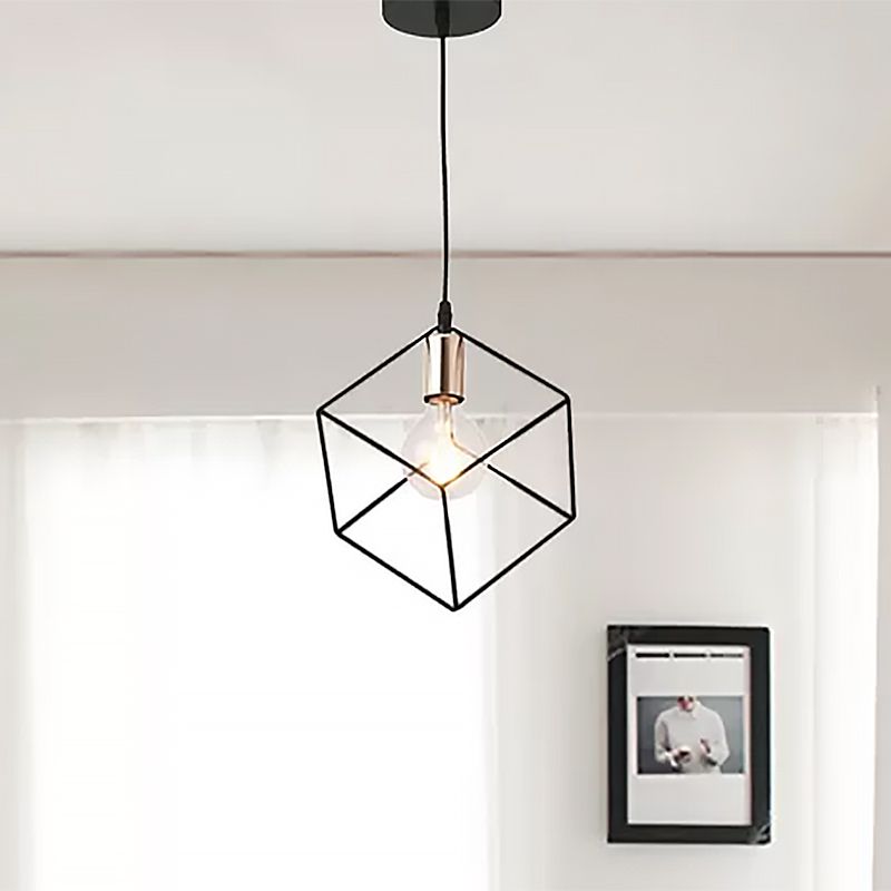 1 Light Squared Cage Ceiling Lighting Retro Style Black Finish Metal Hanging Light Fixture for Living Room