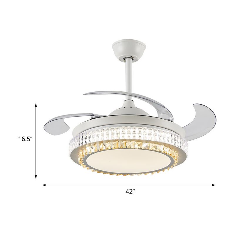 Weiße kreisförmige Hängelüftungslampe Modernismus Kristall LED 42 "W Wohnzimmer Halbflush -Deckenlicht mit 4 klaren Klingen, Fern-/Wandsteuerung/Frequenzumwandlung und Fernbedienung