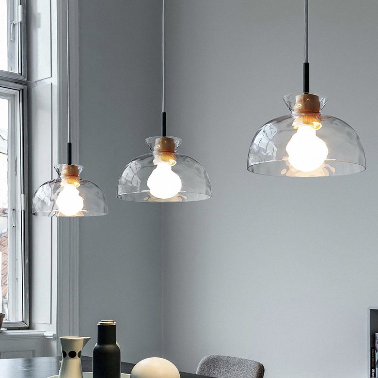Clear Rippled Glass Shaded Pendant Nordic 1 Head Wood Suspension Light for Dining Room