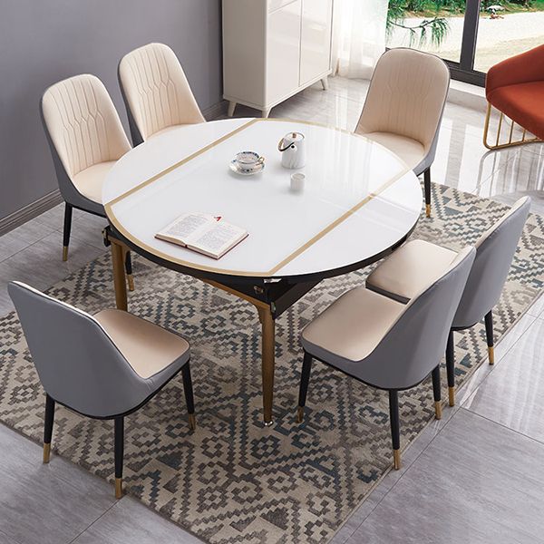 Contemporary White Round Glass Top Dining Table with Double Drop Leaf