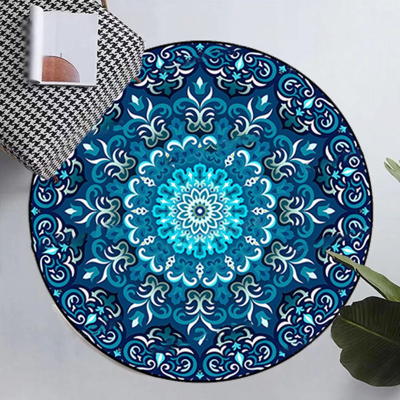 Round Moroccan Indoor Rug Polyester Floral Print Carpet Non-Slip Backing Rug for Home Decoration