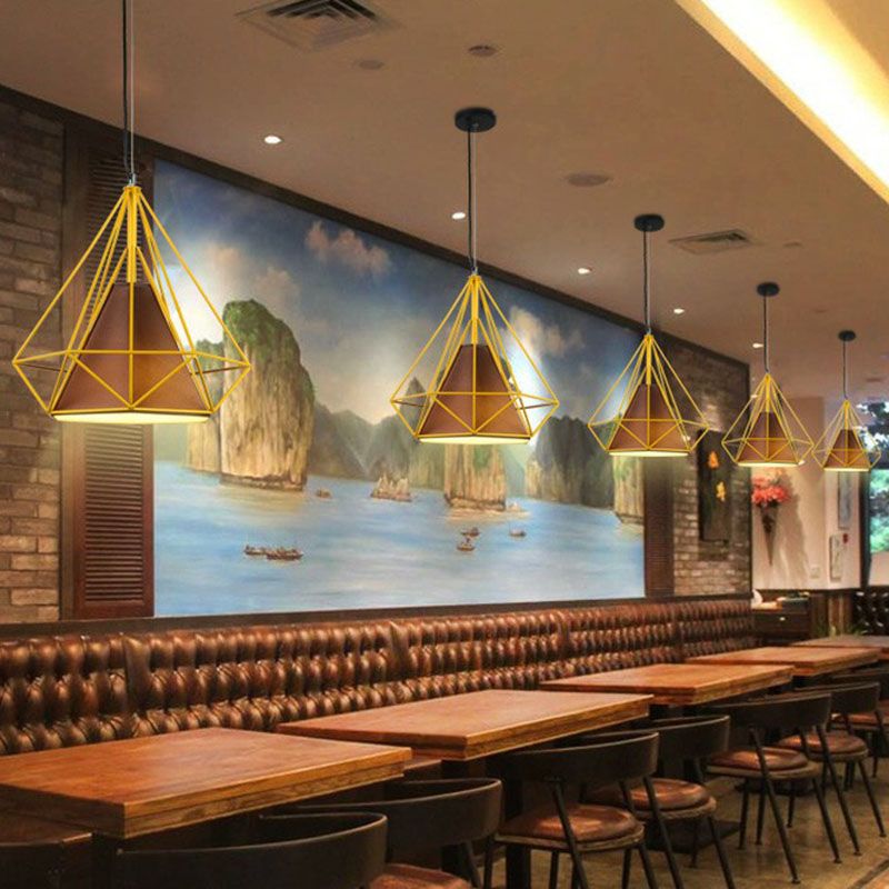 Simplicity Diamond Frame Hanging Light 1 Bulb Iron Pendant Lighting Fixture for Restaurant