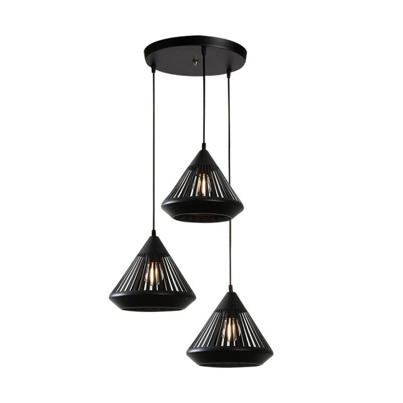 3-Head Multi Hanging Light Retro Hollowed Out Diamond Iron Ceiling Pendant Light with Round/Linear Canopy in Black
