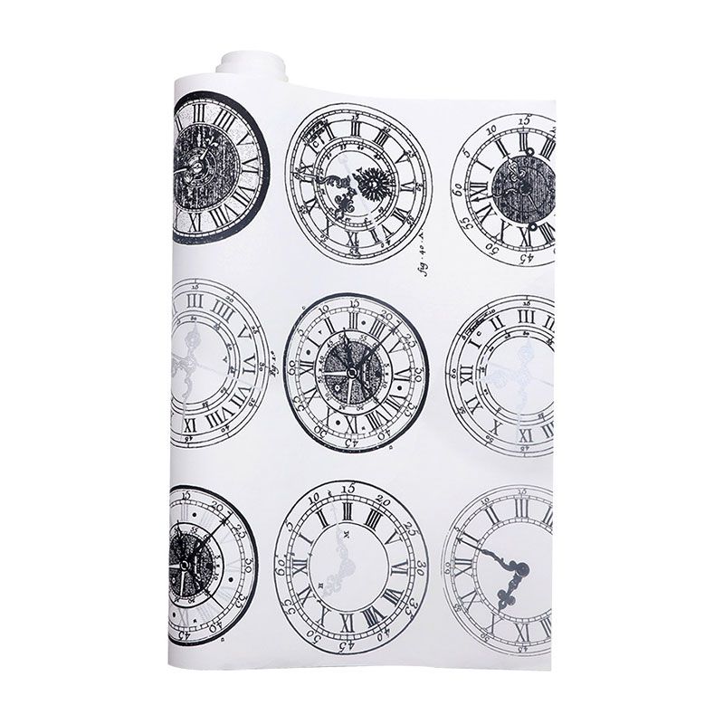 Non-Pasted Wallpaper Roll with Black and White Wall Clock, 33'L x 20.5"W