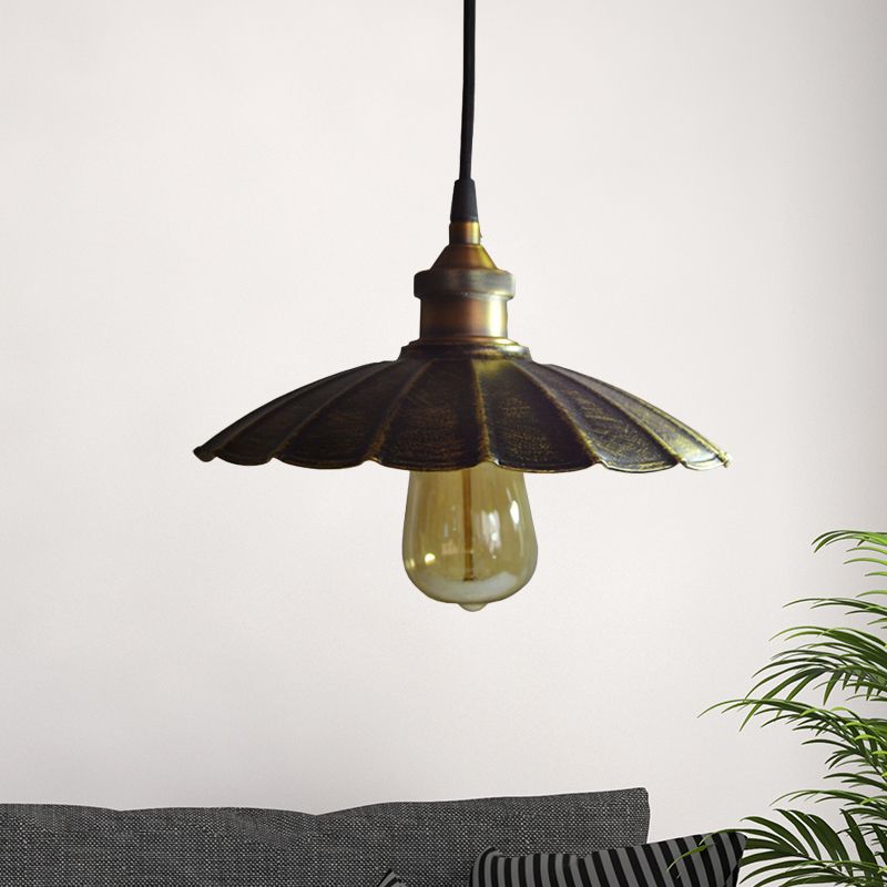 1-Light Pendant Light Fixture Rustic Scalloped Metallic Hanging Lamp in Bronze, 10"/14"/16.5" Width