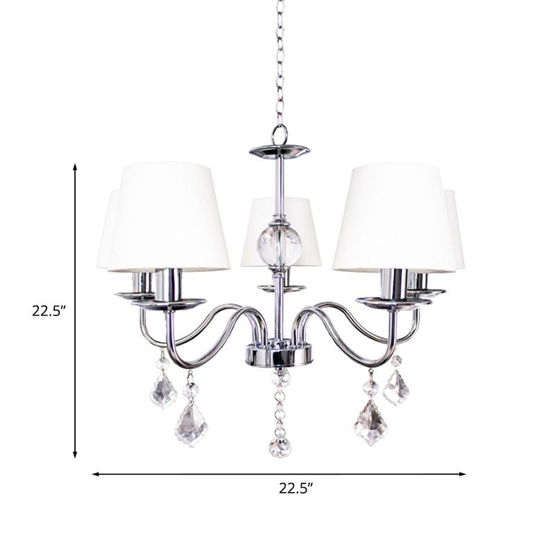 Modern Style Cone Chandelier 5 Heads Fabric Ceiling Pendant in White-Chrome with Crystal Pendeloques