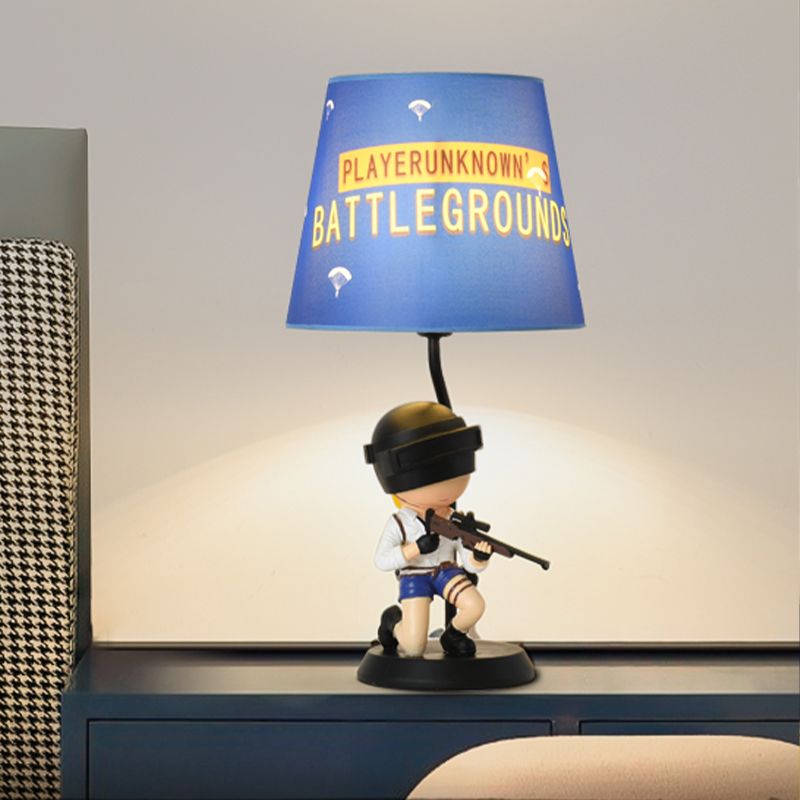 Barrel Night Light Kids Fabric 1 Head Blue Table Lamp for Bedroom with Squatting/Standing Soldier Decoration