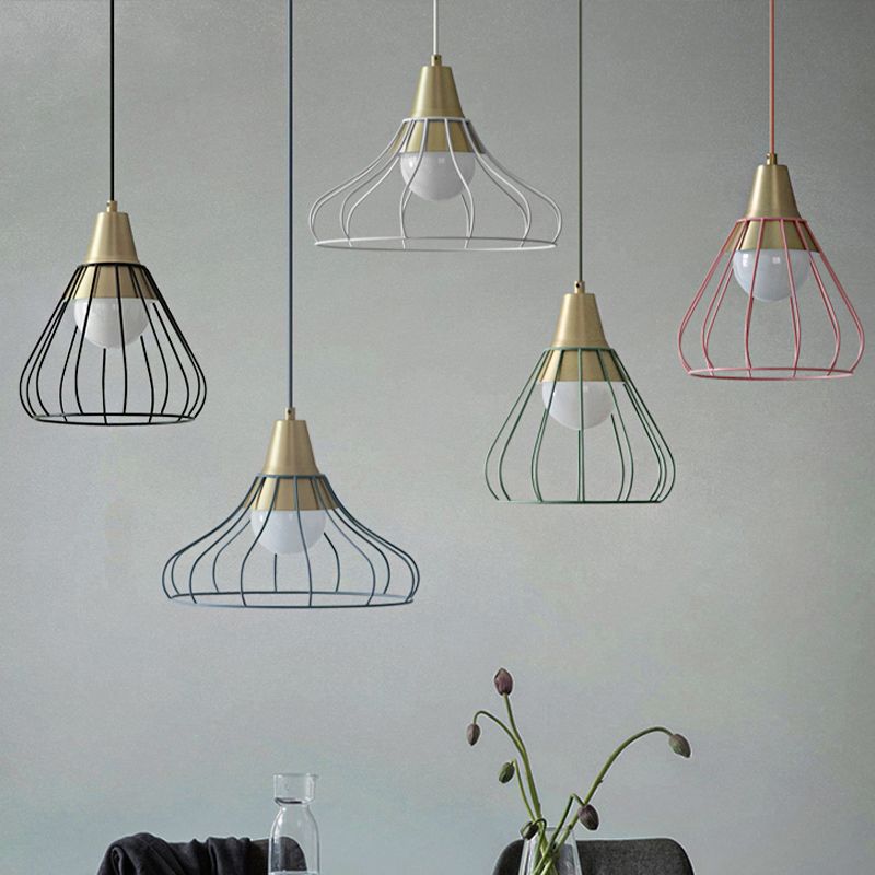 Iluminación colgante de cono de metal 1 Lámpara de techo colgante de luz con tono de jaula de alambre blanco/negro, 9 "/13" de ancho