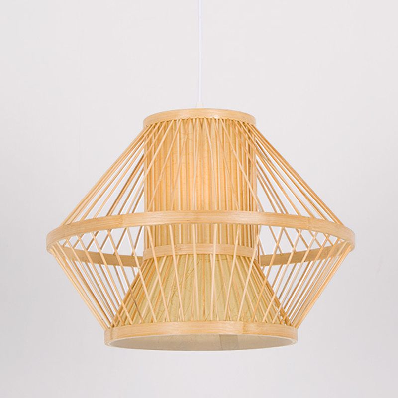 Bamboo Asia Pendant Light 1-Light Beige Geometric Hanging Ceiling Light