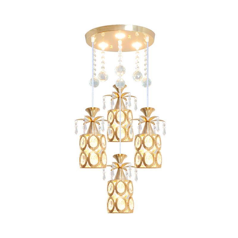 Contemporary 4 Lights Multi Ceiling Lamp with Crystal Embedded Shade Gold Finish Cylinder Pendant