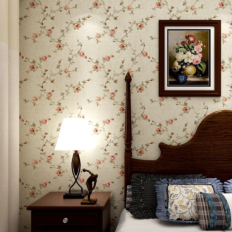 Country Peony Wallpaper Roll Light-Green Water Resistant Wall Covering for Bedroom