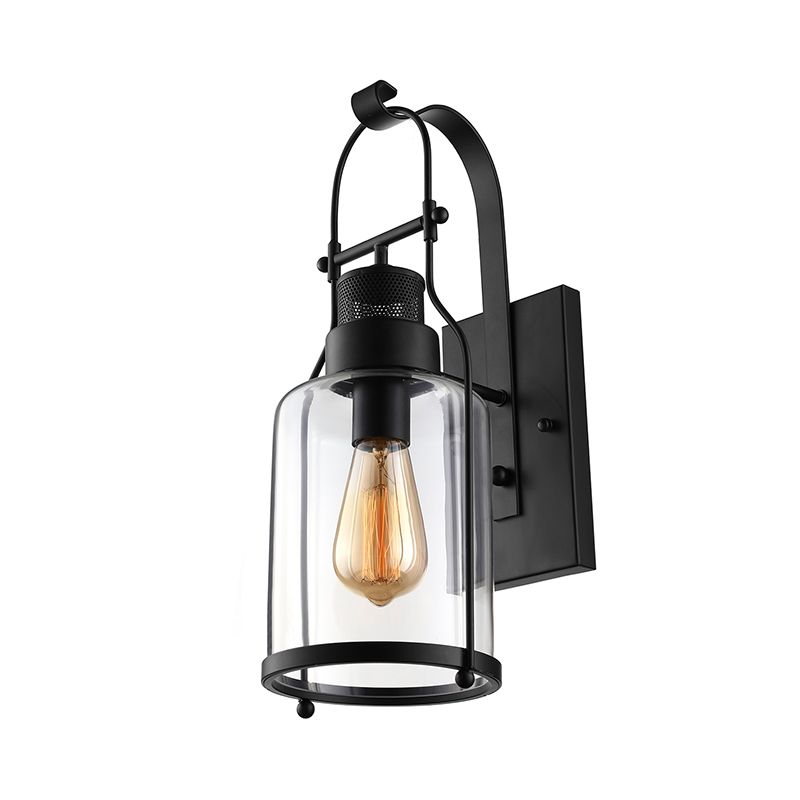 Cylinder Clear Glass Wall Mounted Lamp Industrial Single Bulb Living Room Sconce Light in Black/White/Rust with Cage