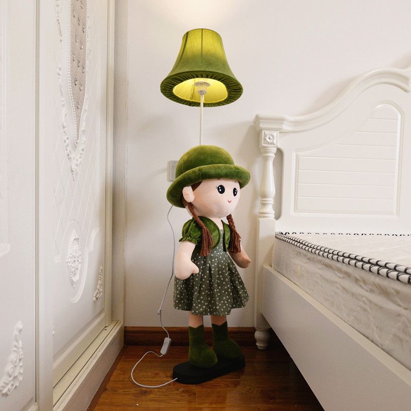1-Light Bedside Standing Lamp Kids Red/Blue/Green Floor Light with Flared Fabric Shade and Plush Girl Stand
