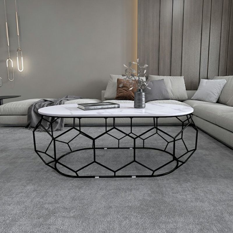 Glam Slate Coffee Table with Iron Frame and Oval Stone Top Cocktail Table
