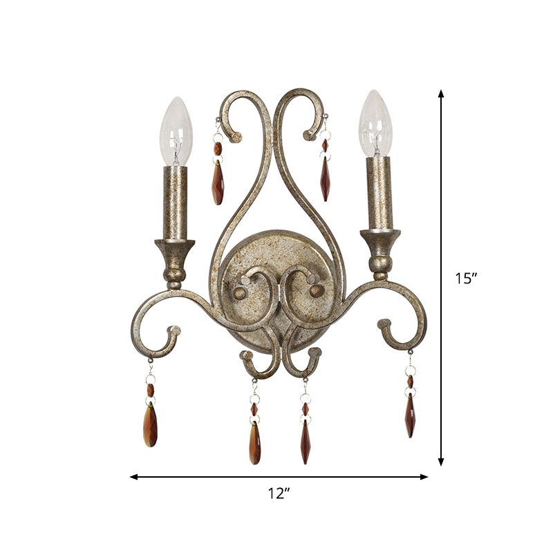 Lampada da parete a 2 teste in argento invecchiato Lampada da parete con candeliere in cristallo ambrato rustico